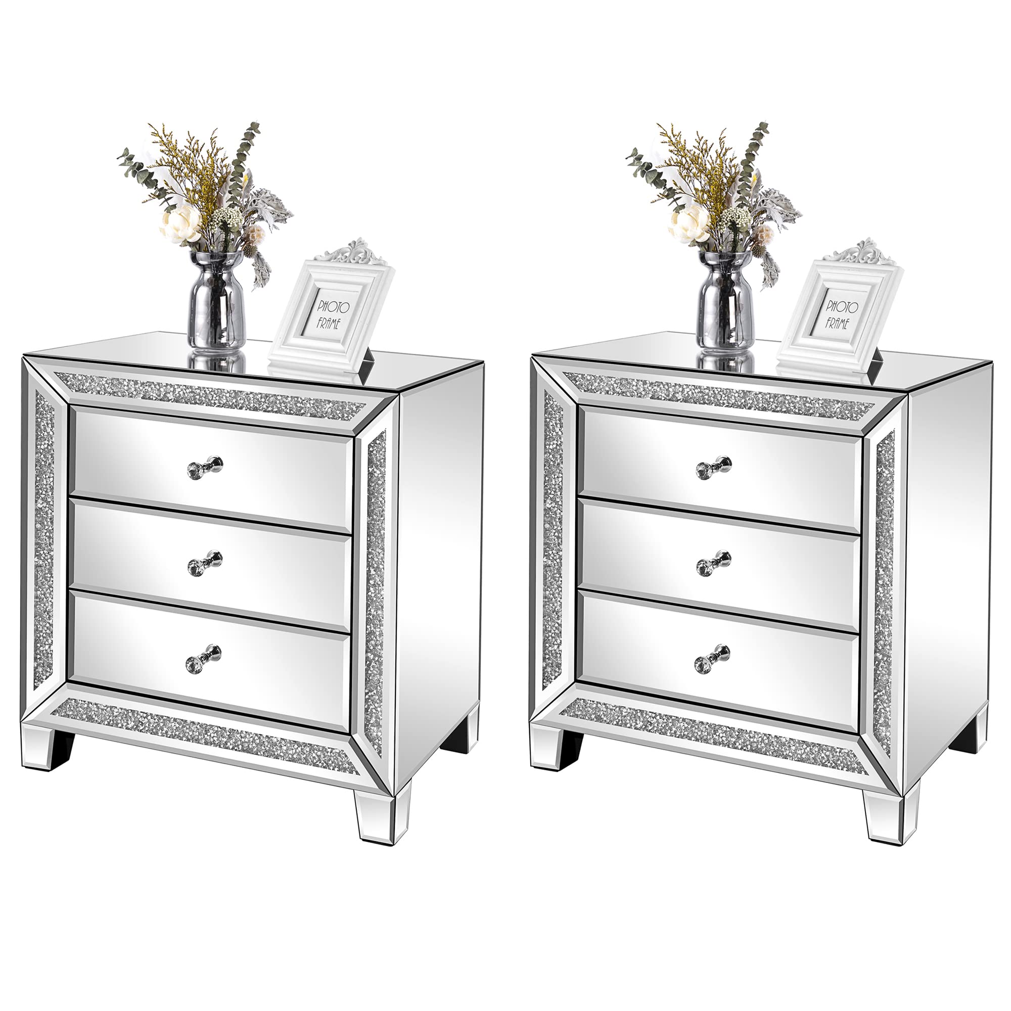 Vingli Mirrored Nightstands Set Of 2, 23' W Glass Mirror Night Stand Set Of 2, Modern Bedside Table 3 Drawer Glass Side End Table Silver Dresser For Bedroom, 23”W X 13.8”D X 24.8”H